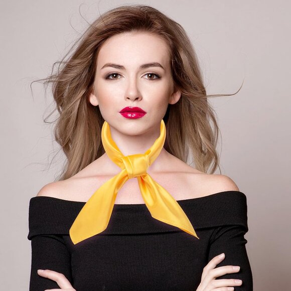 Women's Yellow Silk Feeling Scarf 23.6'' Square Satin Scarf Neck Head Bandana - Picture 2 of 7